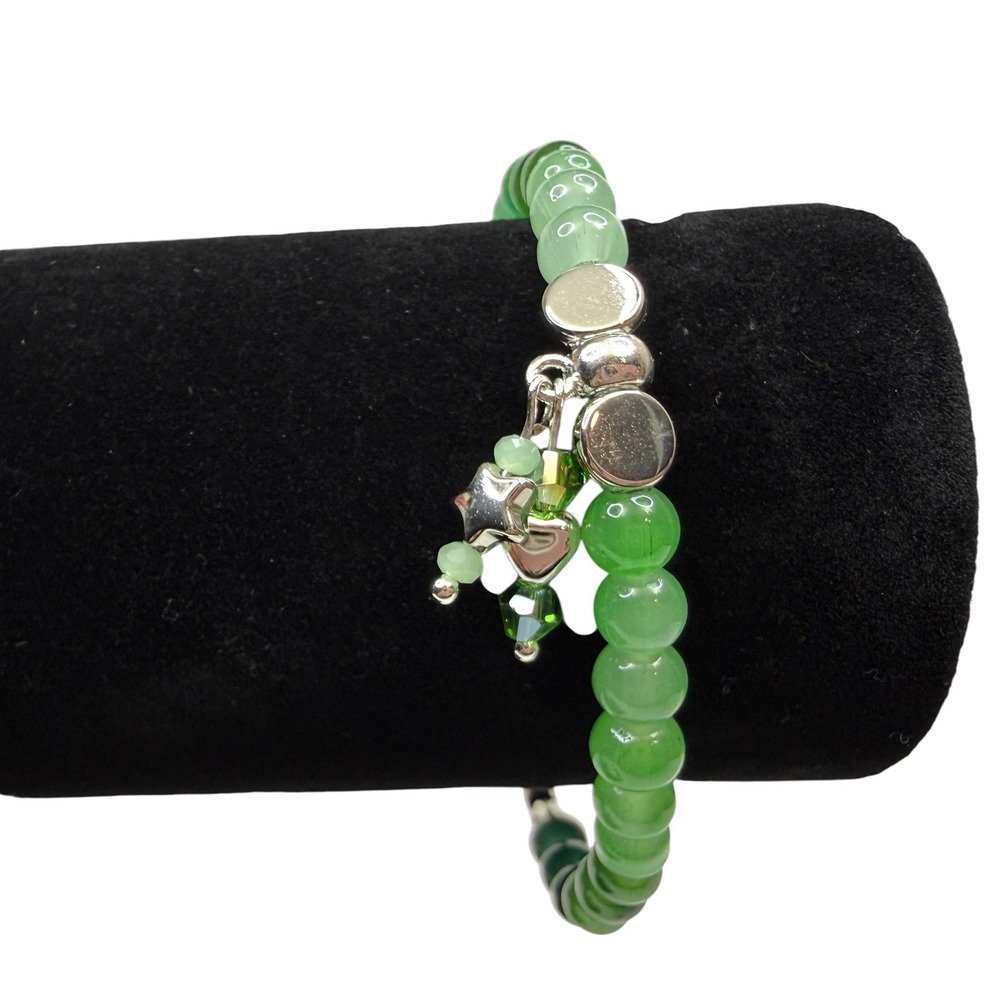 Green Glass Beaded Swarovski Crystals Charm Bracelet Silver Accents Jewelry